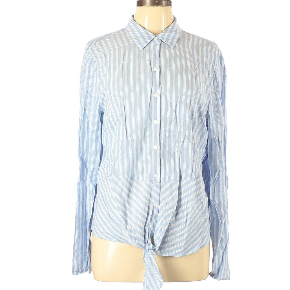 Jones New York Long Sleeve Button Down Blouse with Tie Waist - Blue & White - L